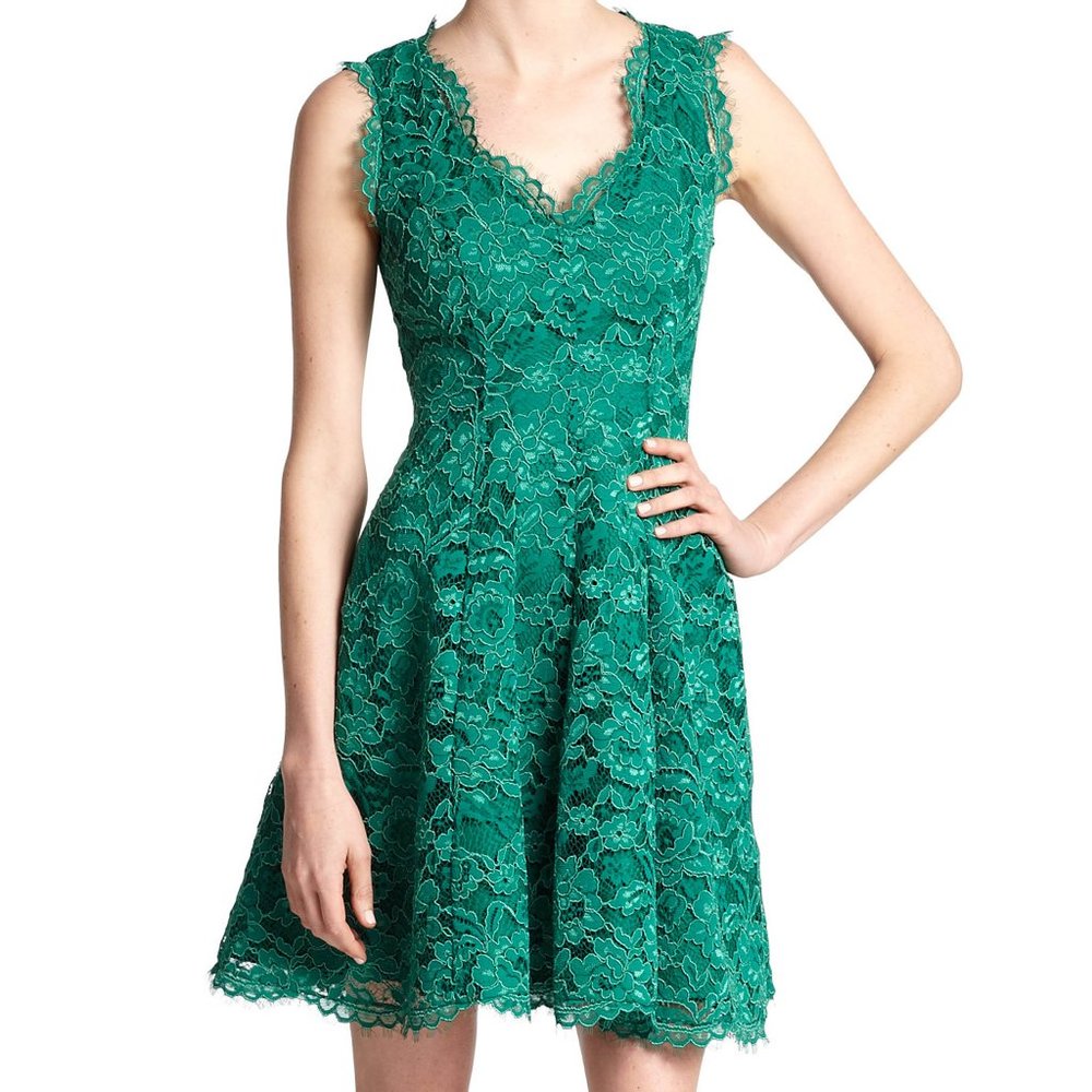 Shoshanna Cindy v-neck green flared lace dress
